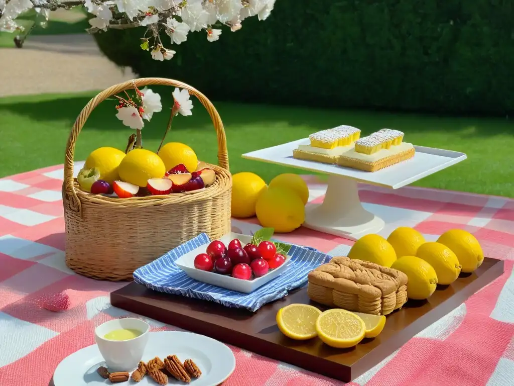 Un picnic primaveral con postres fáciles: tarta de frutas, barras de limón y macarrones de coco bajo un cerezo en flor