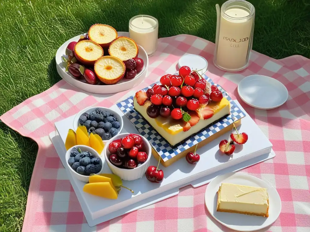 Un picnic primaveral con postres fáciles: tarta de frutas, cheesecake y pastelería bajo un cerezo en flor