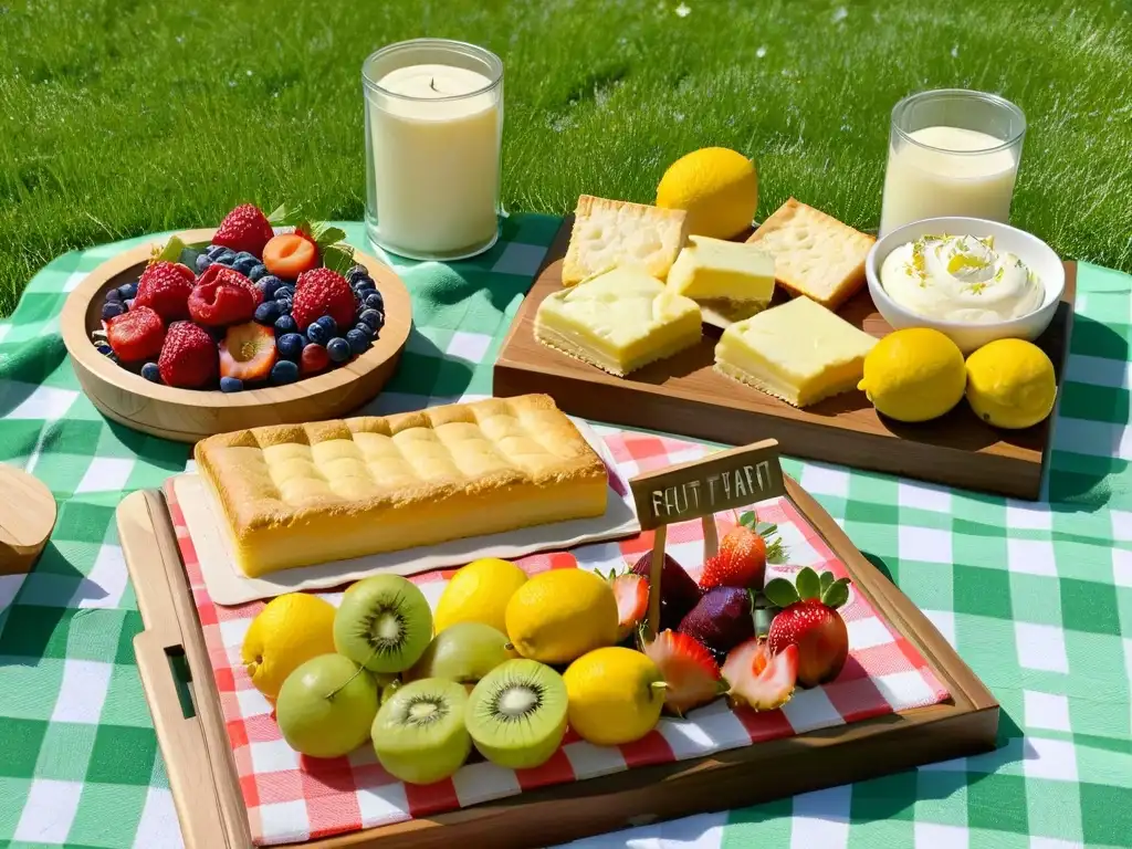 Un picnic primaveral con postres fáciles como tartas de frutas, barras de limón y scones recién horneados sobre una manta a cuadros