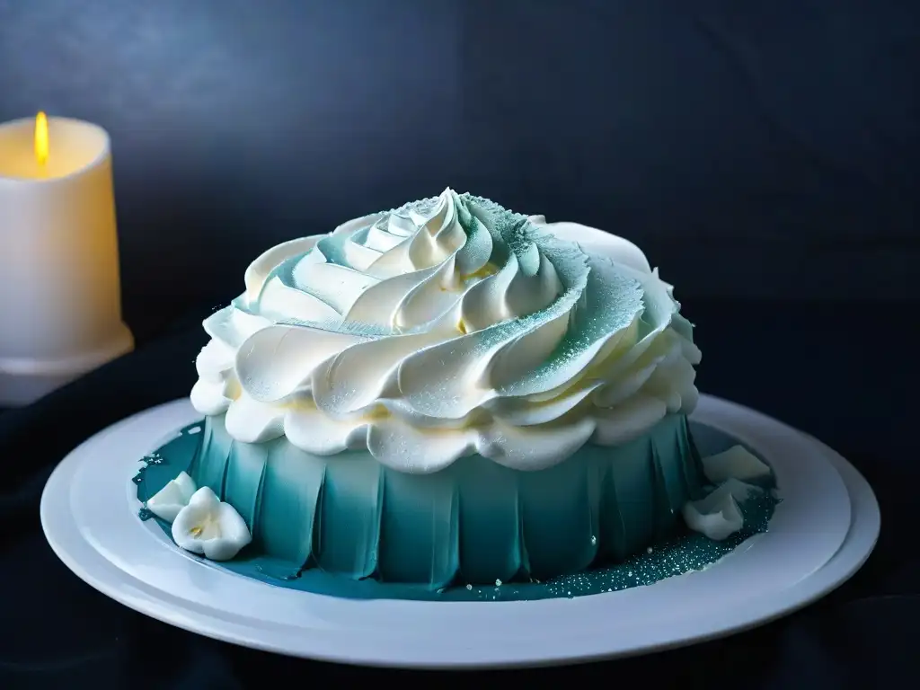 Pico de merengue vegano claro como la nieve con burbujas de aire, sobre fondo negro mate