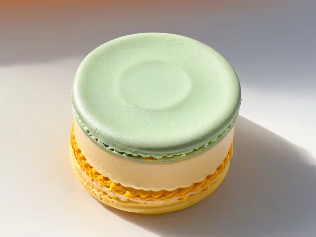 Un macaron de Pierre Hermé: una obra de arte pastelera con colores pastel y detalles precisos