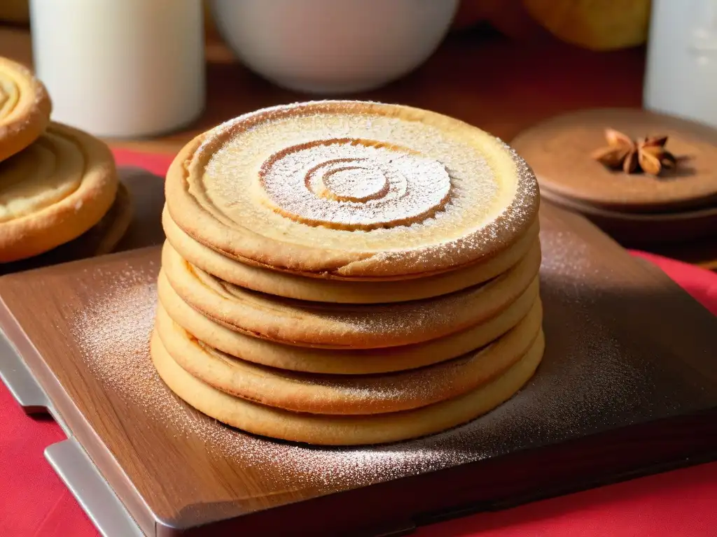 Una pila de galletas de mantequilla especiadas navideñas recién horneadas en tabla rústica de madera, con canela espolvoreada