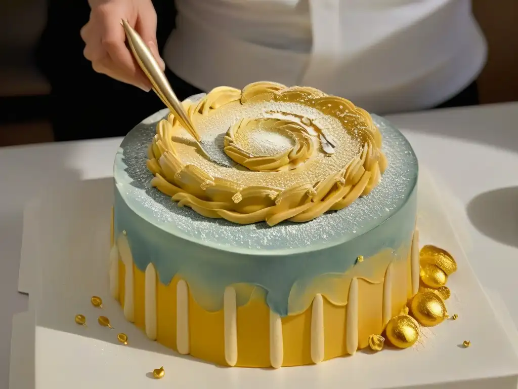 Una pincelada precisa con pintura comestible dorada sobre fondant blanco, destacando las técnicas de decoración