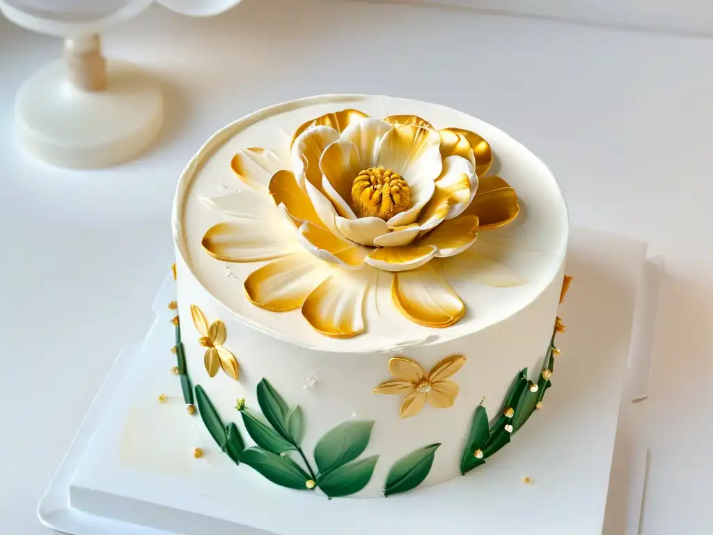 Pintura comestible para repostería: Detalle de una flor de fondant pintada con oro comestible en una elegante torta blanca