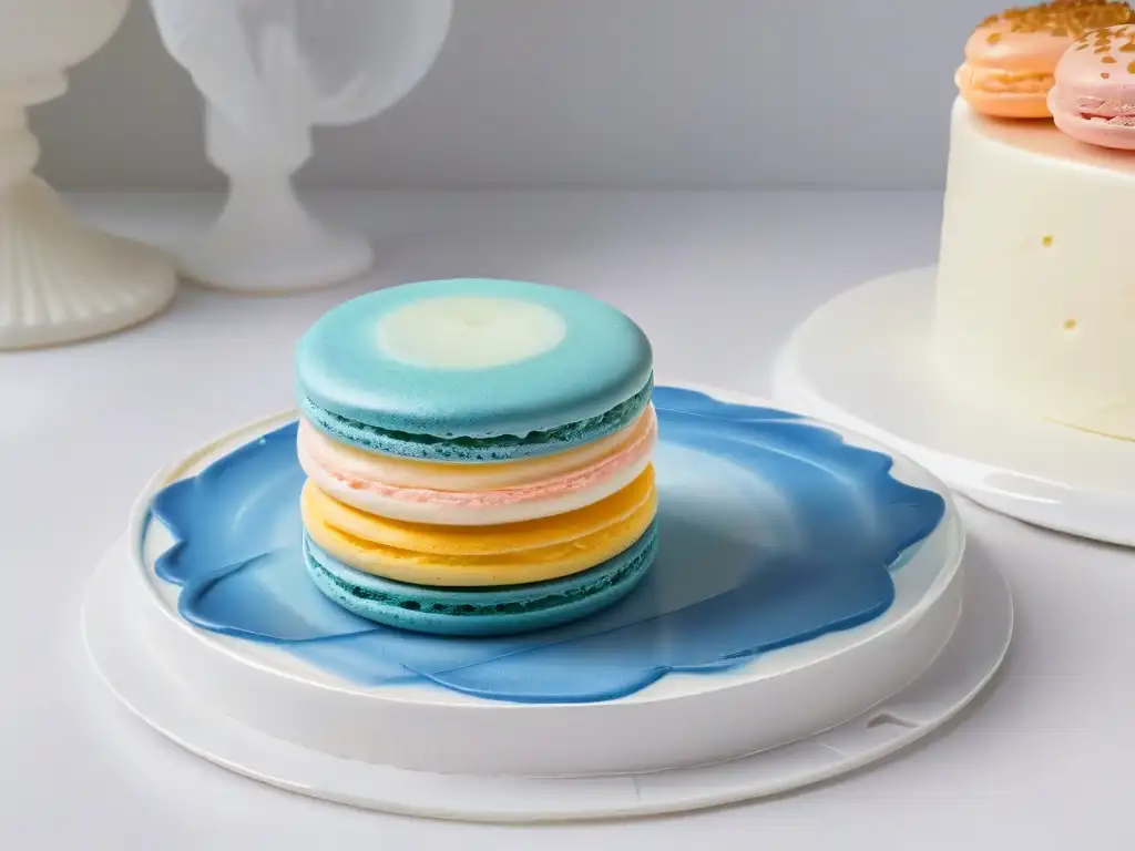 Pintura comestible para repostería: Detalle de un macaron delicadamente pintado con colores pastel en plato de porcelana blanco