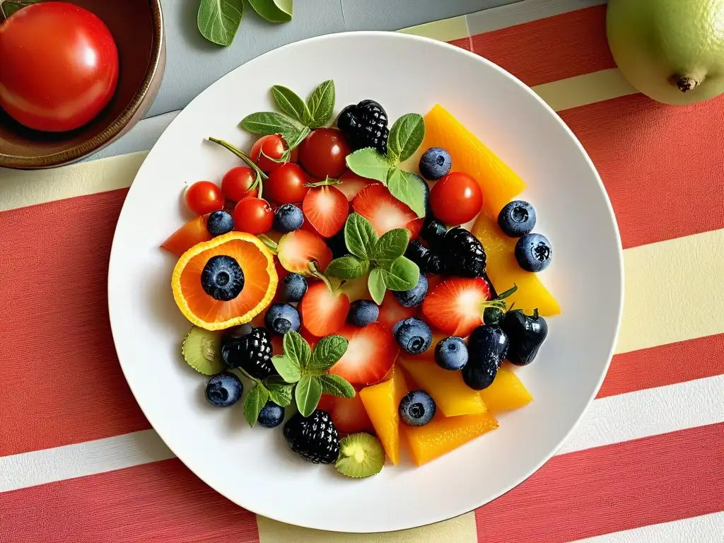 Una pintura comestible: composición y seguridad con frutas y verduras vibrantes en plato de cerámica blanco