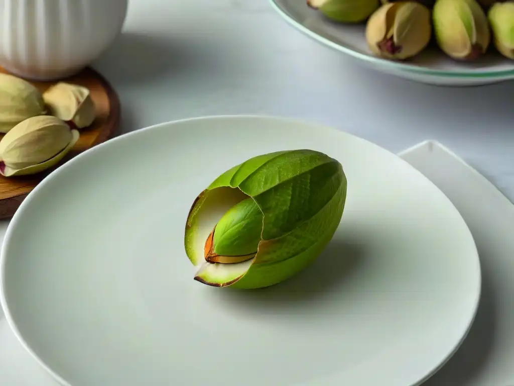 Un pistacho de Irán, detalle lujoso y exquisito en un plato blanco minimalista