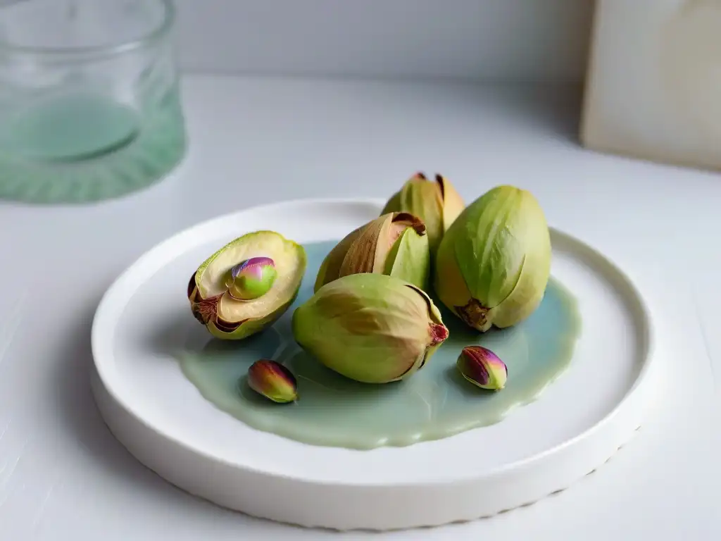 Pistachos de Irán: un pistacho perfectamente decorado en una elegante vajilla blanca, evocando lujo y sofisticación en repostería