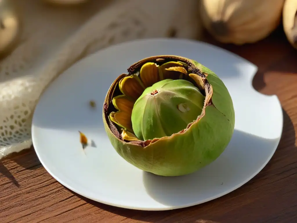 Pistachos iraníes en repostería creativa: Una sola nuez perfecta con cáscara abierta, revelando un interior verde vibrante