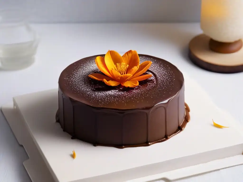 Pistilo de azafrán brillante sobre postre de chocolate, lujo y sofisticación en repostería