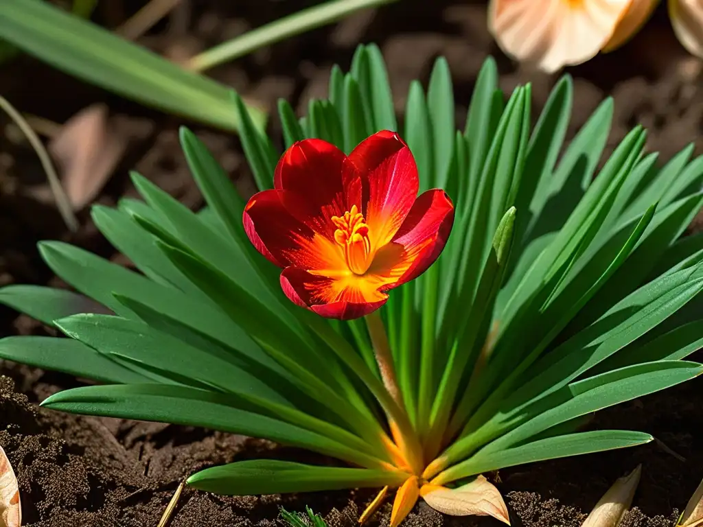 Pistilos de azafrán en repostería: Detalle de una flor de azafrán rojo vibrante con estigmas naranjas, en un elegante fondo verde difuminado