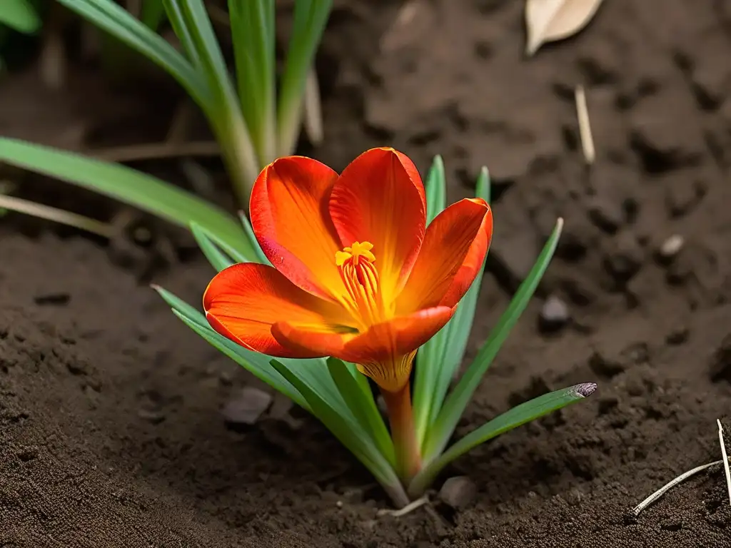 Pistilos de azafrán en repostería: Detalle de una flor de azafrán rojo en plena floración, con estigmas anaranjados y hojas verdes difuminadas