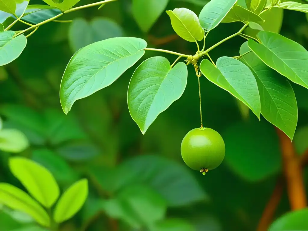 Planta de Edulcorante sin calorías Monk Fruit en detalle, con frutos verdes y hojas vibrantes en un fondo suave