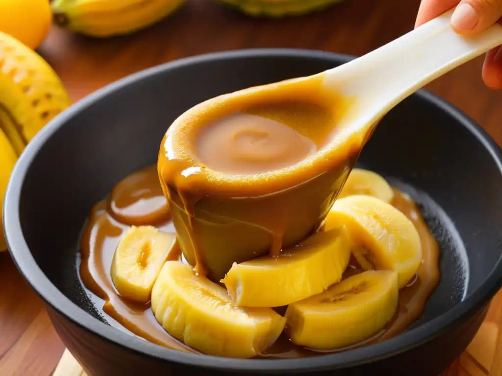 Plátanos maduros sumergidos en caramelo dorado, detalle de receta turón bananos caramelizados