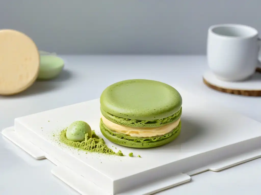 Un macaron de té matcha en plato blanco, sobre una encimera de mármol