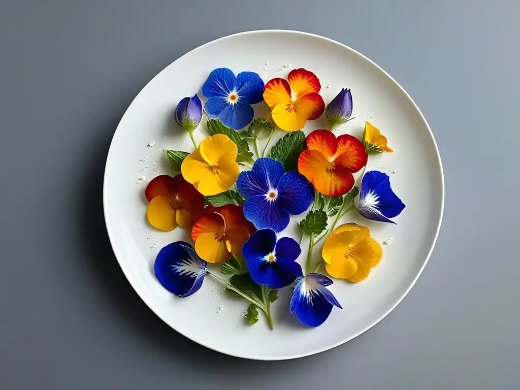 Un plato blanco impecable adornado con flores comestibles en repostería, resplandeciendo bajo la luz natural