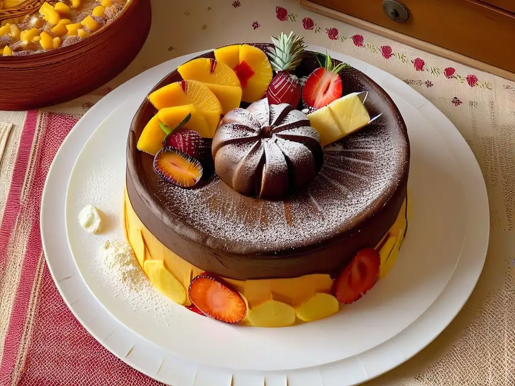 Plato de cerámica blanco con diseño vibrante inspirado en Mozambique y un Bolo del Rei tradicional, decorado con frutas tropicales