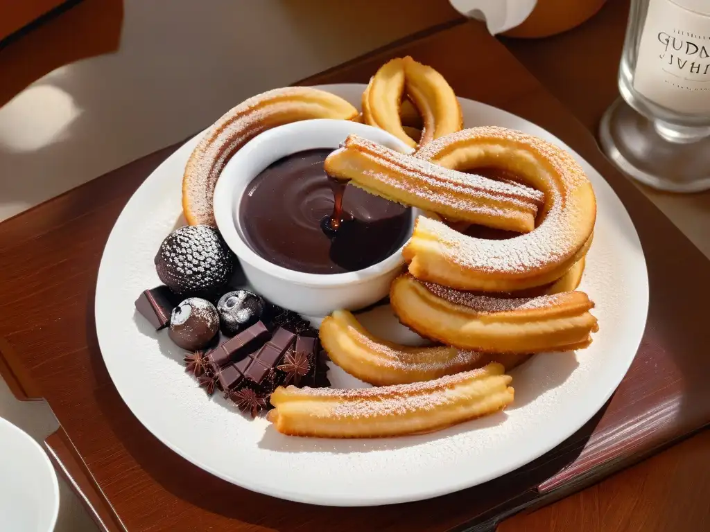 Un plato de churros recién fritos con azúcar de canela y salsa de chocolate