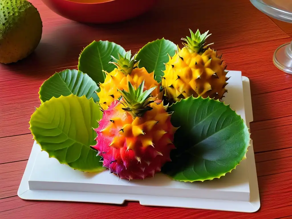 Plato de frutas exóticas con kiwano y pitahaya