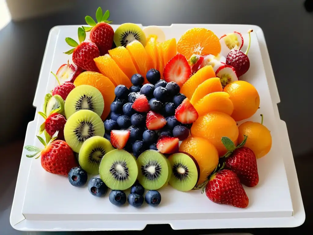 Un plato de frutas frescas vibrantes sobre porcelana blanca