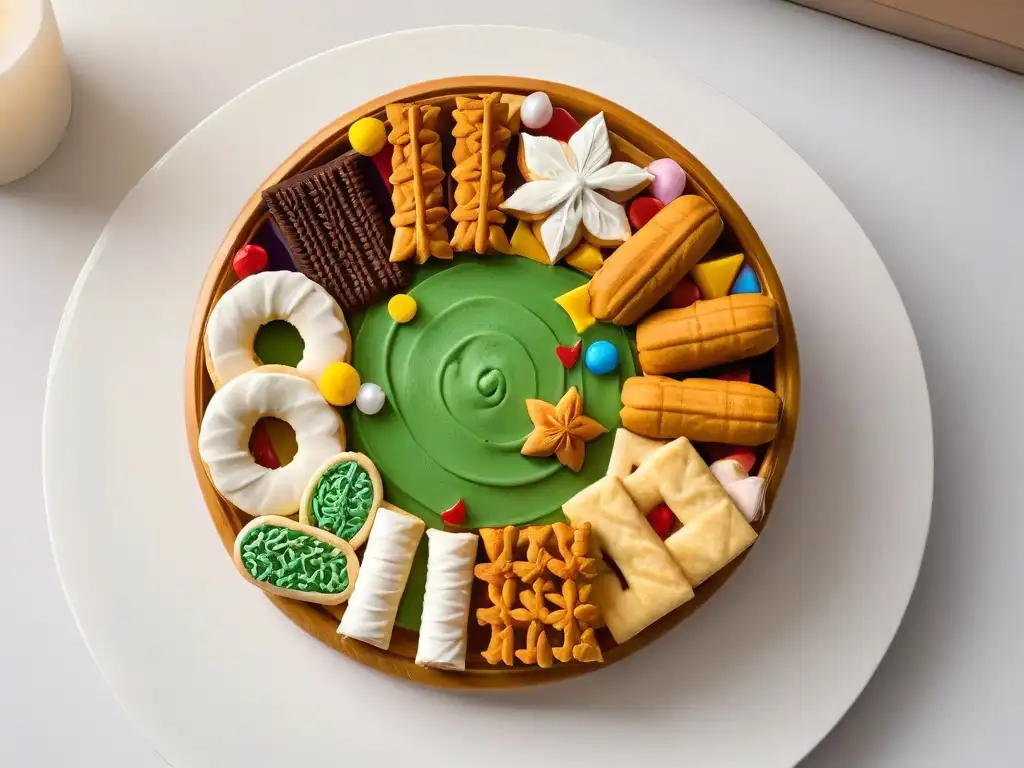 Un plato de galletas festivales del mundo bellamente decoradas en un patrón circular sobre fondo blanco