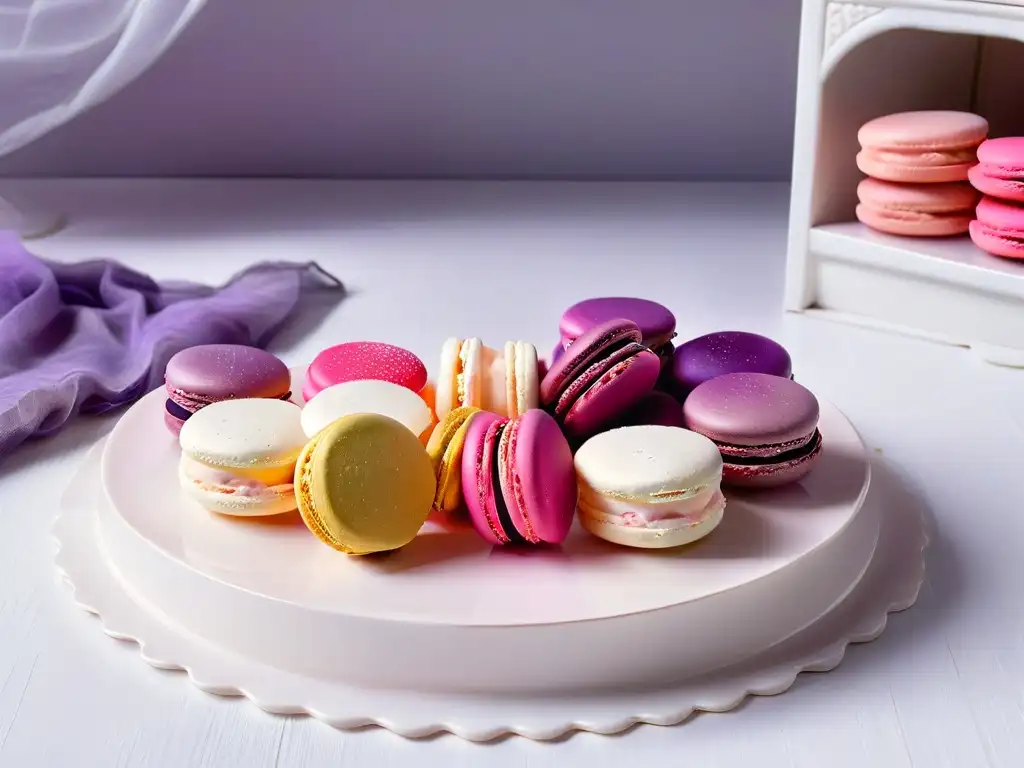 Plato de postre blanco con macarons en gradiente de colores, reflejando un impacto de colores en la experiencia de comer postres