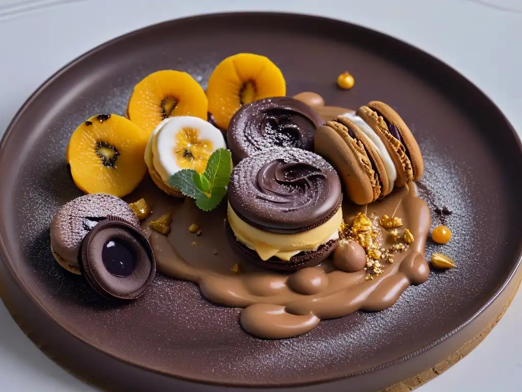 Plato de postre con macaron morado, sorbete de maracuyá y salsa de chocolate