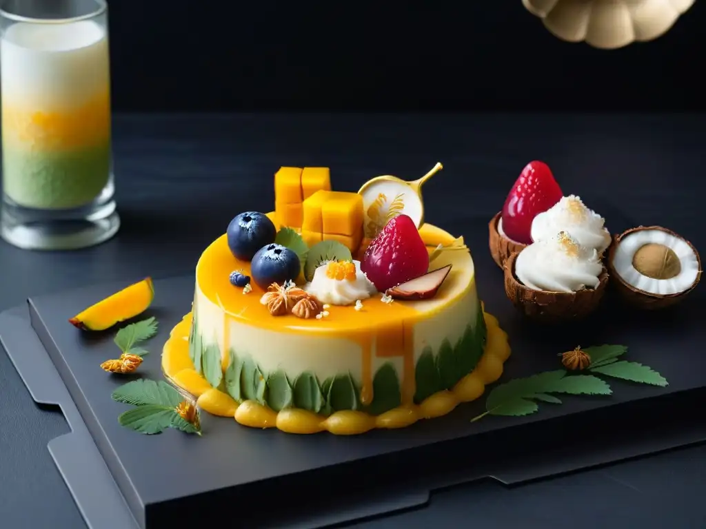 Exquisita variedad de postres tailandeses: mango sticky rice, gelatina de coco y pastel de hilos dorados en un elegante montaje vibrante y detallado Plato de repostería tailandesa sabores exóticos en elegante presentación