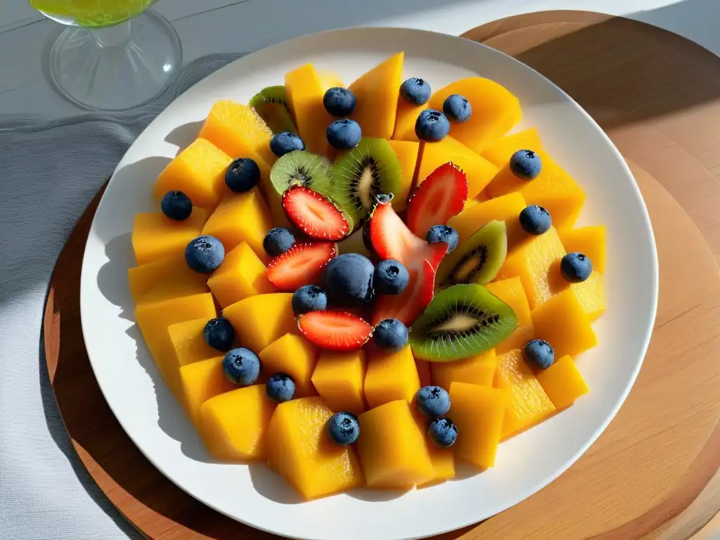 Un plato vibrante con frutas australianas exóticas como mango, kiwi y maracuyá, perfectas para recetas postres verano australiano