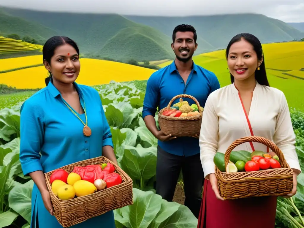 Una poderosa imagen de granjeros de todo el mundo sosteniendo productos éticos, resaltando los Beneficios de utilizar ingredientes éticos