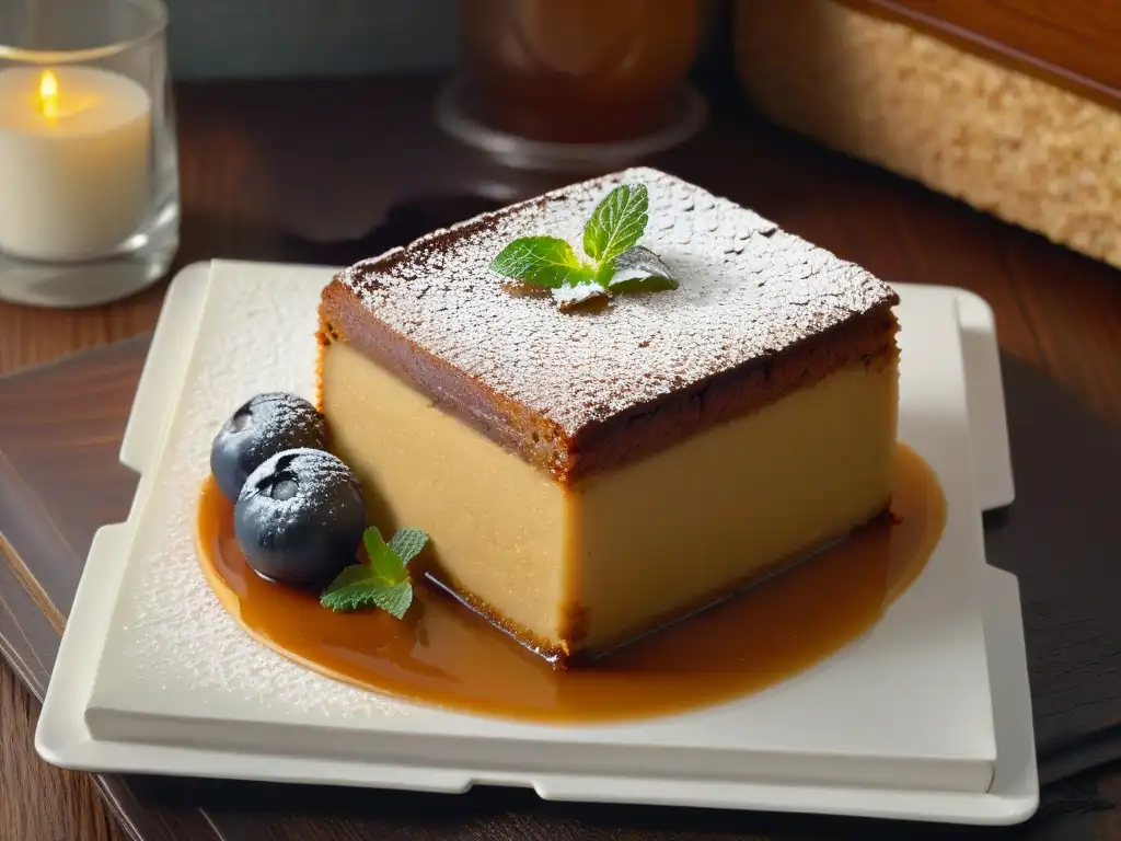 Una porción de Malva Pudding con azúcar glass y menta fresca en un plato moderno