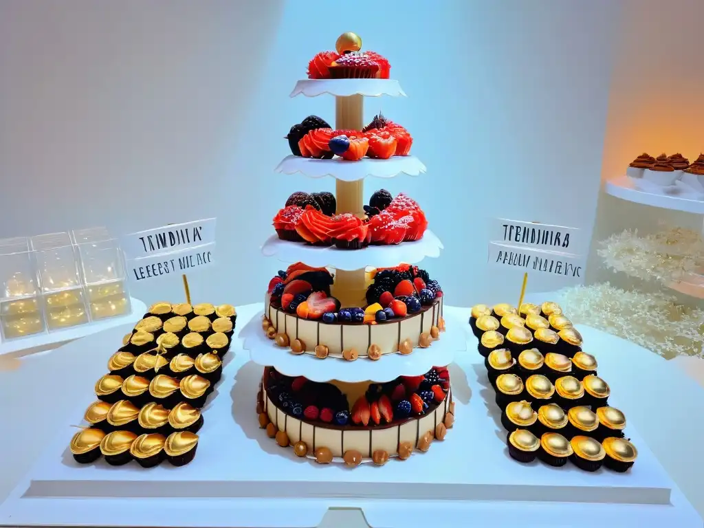 Planificación porciones postres evento corporativo: Mesa elegante con postres sofisticados y decoración en oro y frutas frescas