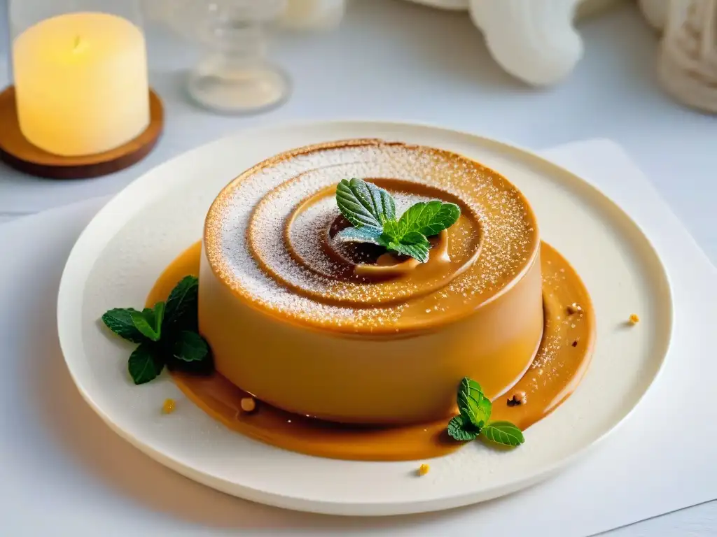 Un postre africano con mijo bellamente decorado con caramelo y hojas de menta, sobre un plato blanco