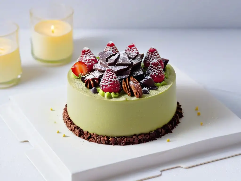 Postre de mousse de aguacate con chocolate, decorado con cacao y frambuesa fresca en un elegante recipiente de vidrio sobre encimera de mármol blanco