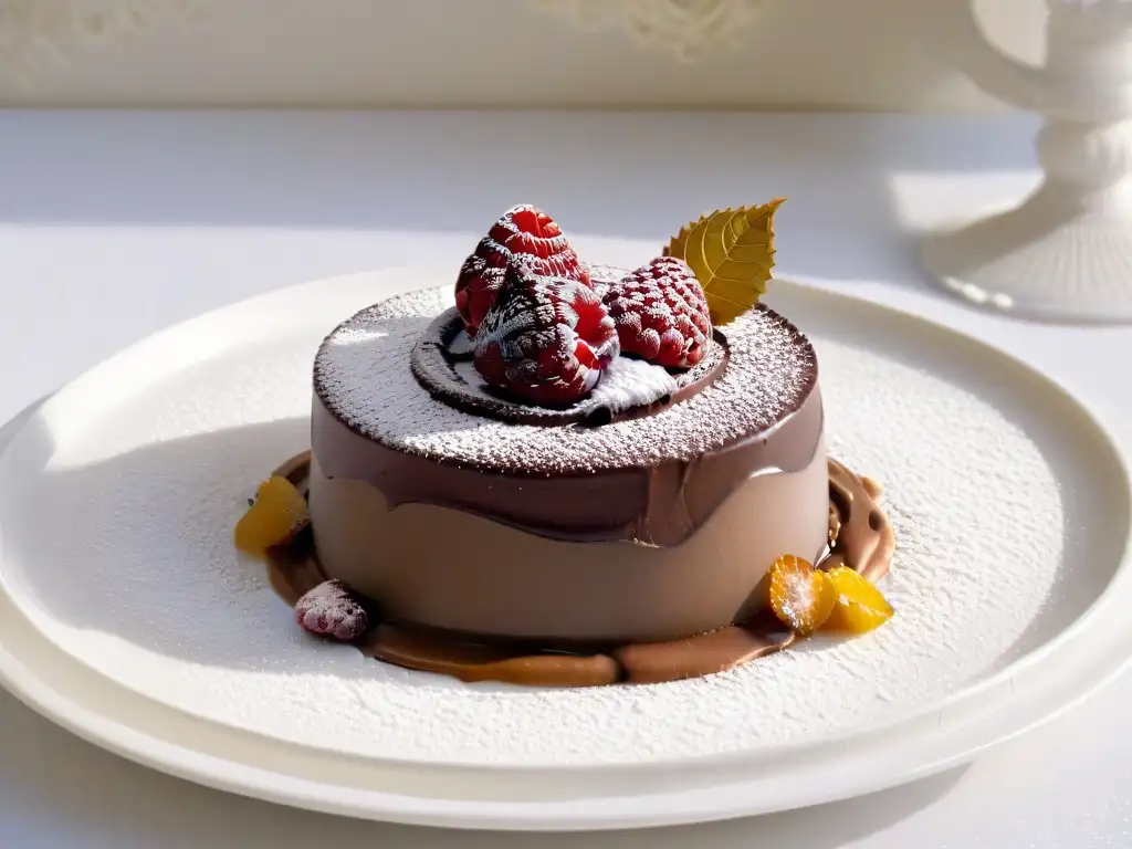 Delicioso postre de chocolate con oro comestible y frambuesas Postre de alta gama decorativo con detalles elegantes y sofisticados