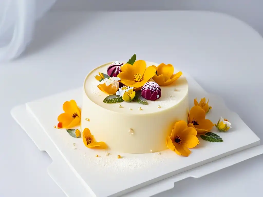 Un postre de alta gama con diseño cuidadoso, adornado con flores comestibles y detalles en hoja de oro, sobre un fondo blanco