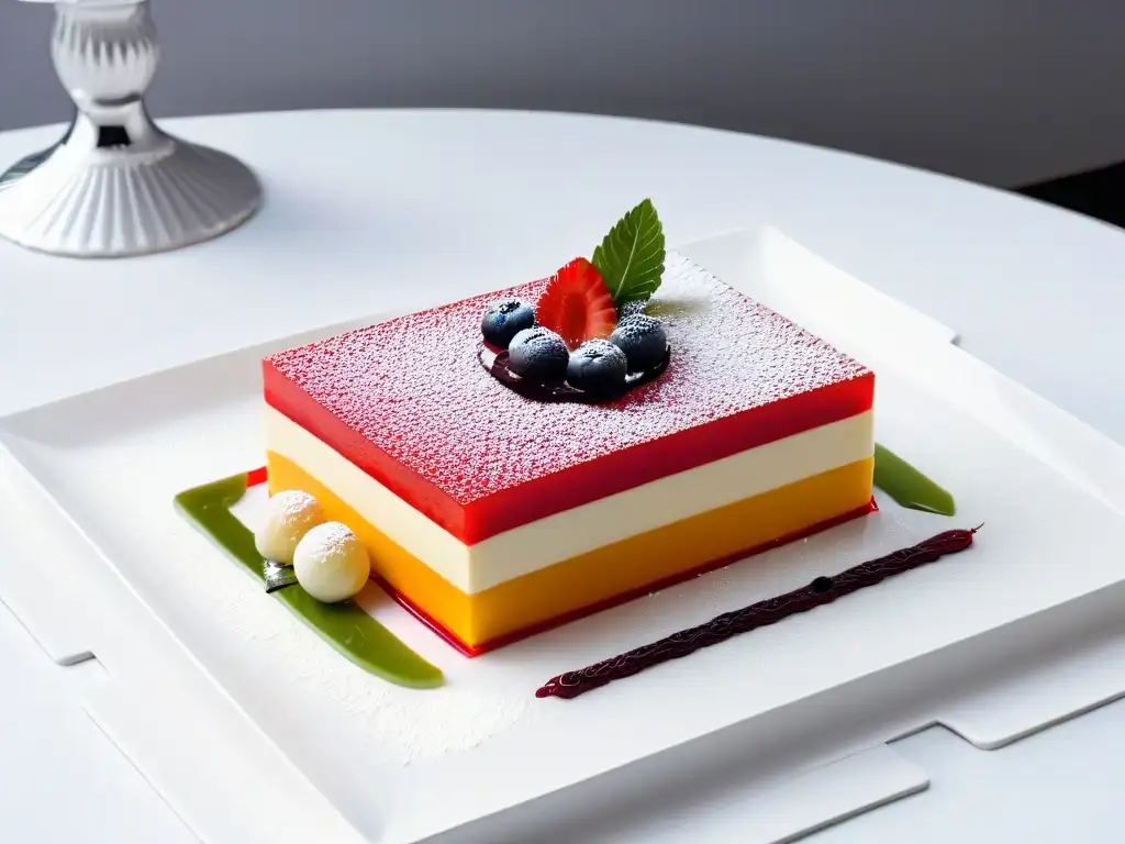 Un postre de alta gama exquisitamente elaborado en un plato blanco, destacando el uso del color en postres