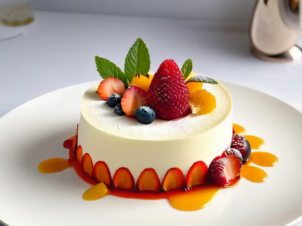 Un postre de alta gama impresionante: una obra de arte dulce con capas de texturas delicadas y colores vibrantes en un plato blanco impecable