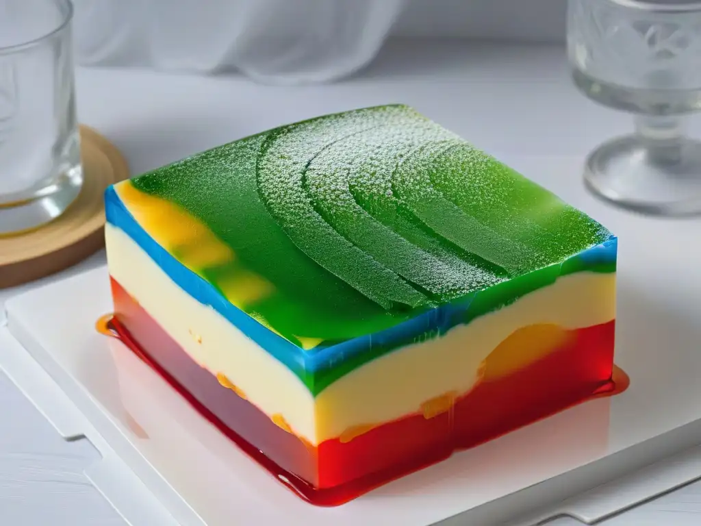 Delicia arcoíris en copas: gelatina vibrante y tentadora Un postre arcoíris en vasitos, con capas de gelatina de colores vibrantes y perfectamente definidas