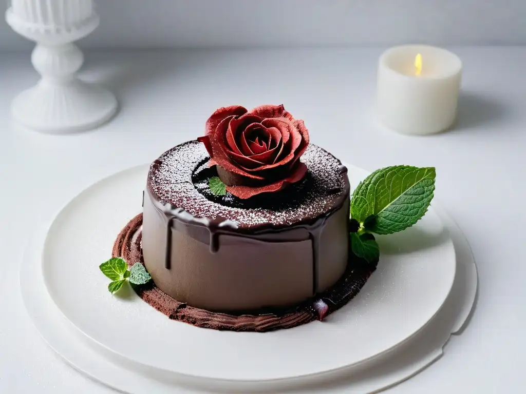 Un postre con aromaterapia seductora: un elegante pastel de lava de chocolate con una rosa roja y menta fresca en un plato blanco impecable