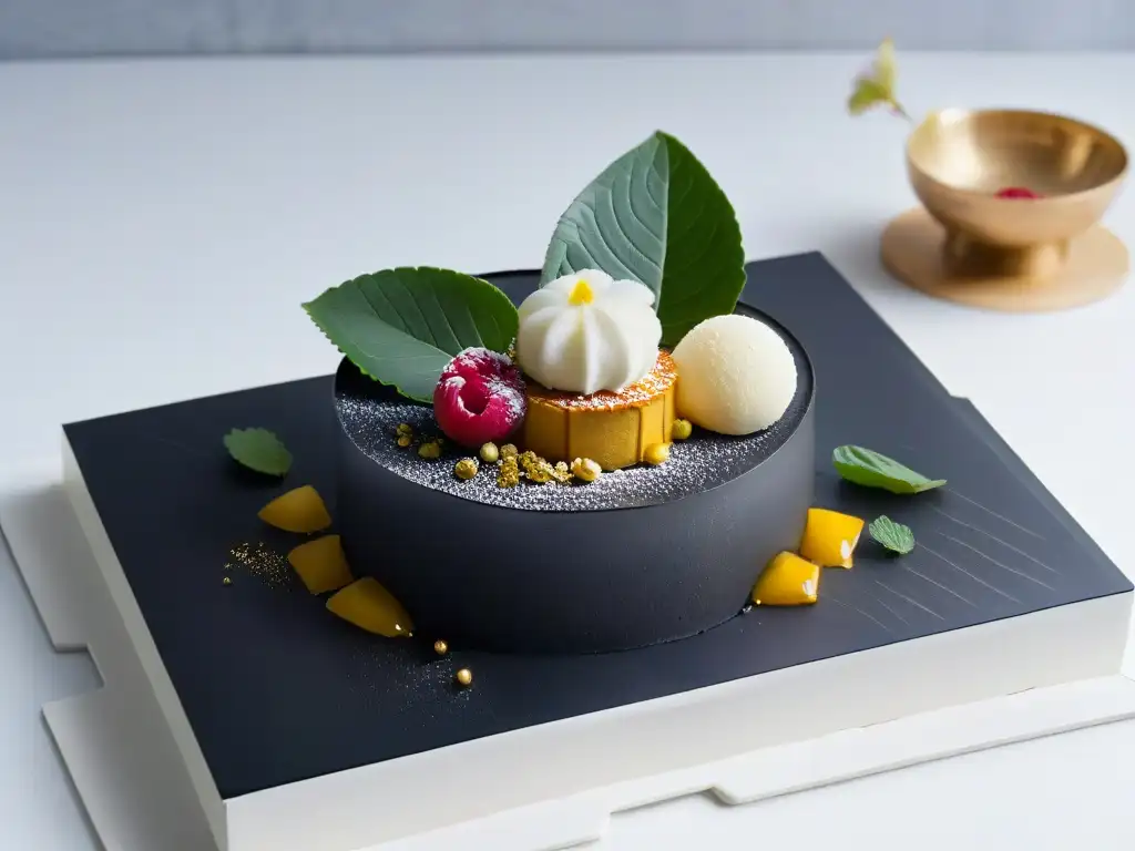 Un postre asiático para Occidente: delicado pastel de matcha con hoja de oro, sorbete de lichi y decoración minimalista en negro y blanco