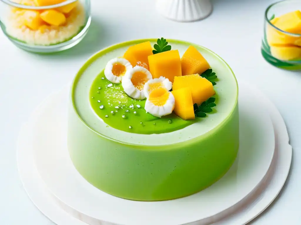 Postre asiático exquisito: pandan sago pudding con coco, mango y lima