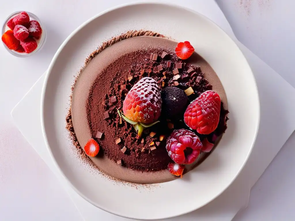 Postre sin azúcar para diabéticos: Mousse de chocolate y aguacate con frambuesas frescas y cacao en polvo sobre un plato blanco