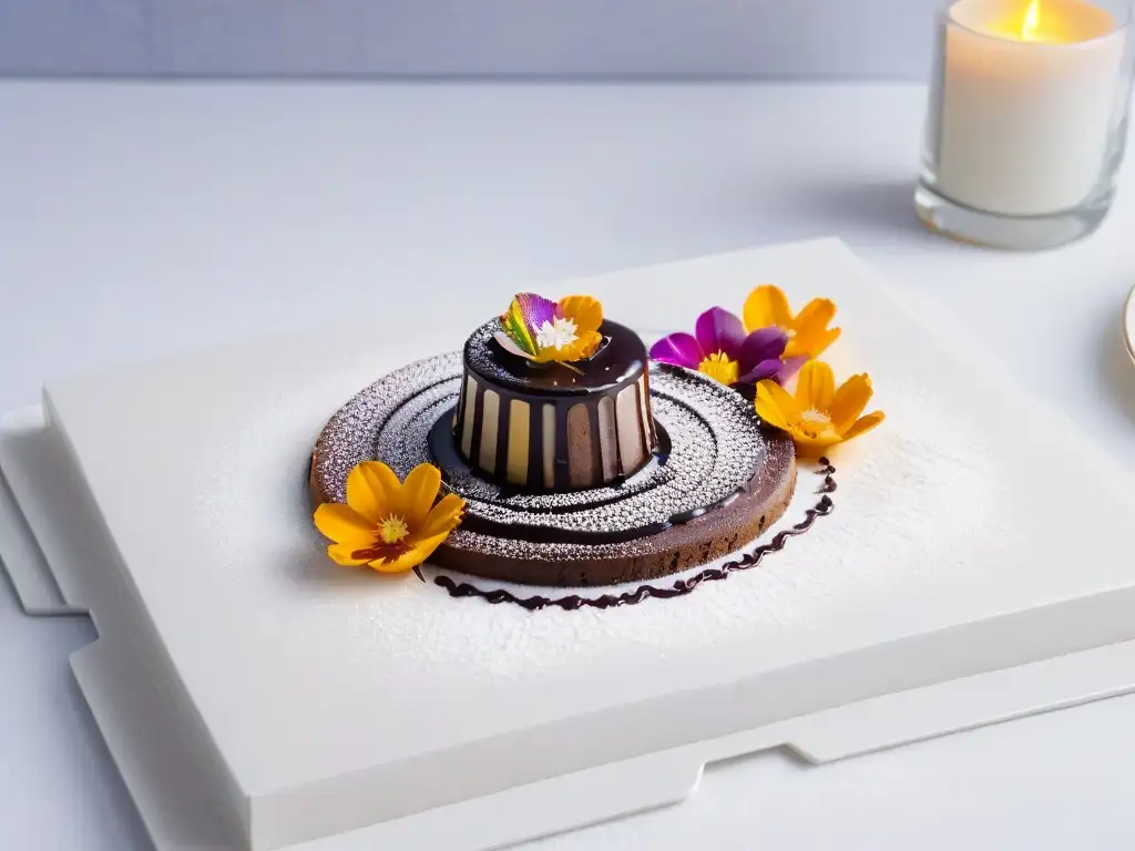 Postre sin azúcar en plato blanco con chocolate y flores comestibles