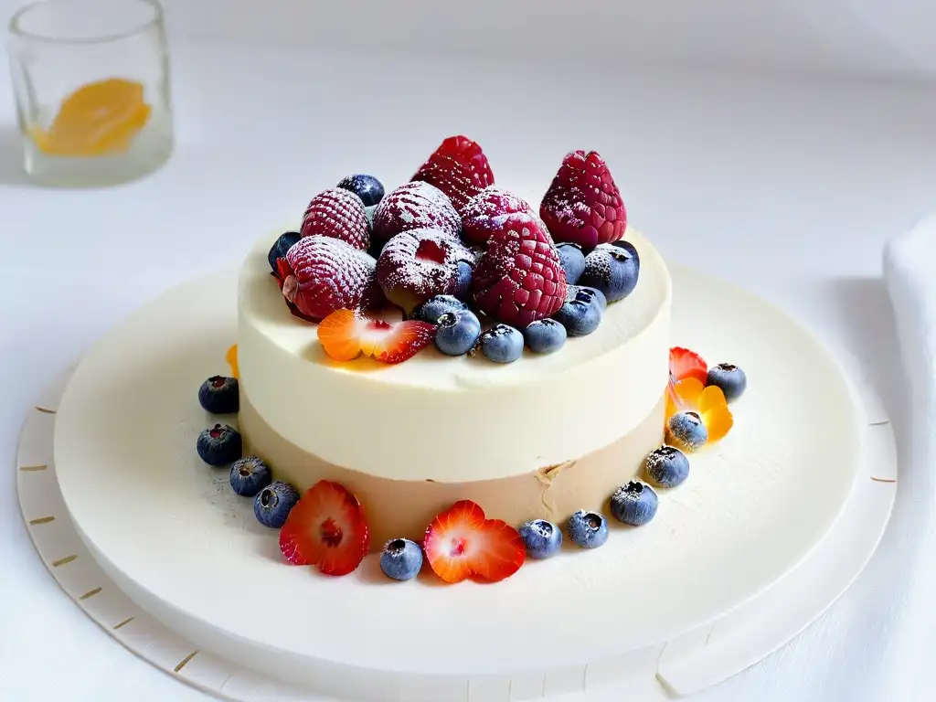 Un postre bajo en calorías con xilitol, decorado con frutas frescas y flores comestibles, en un elegante plato blanco