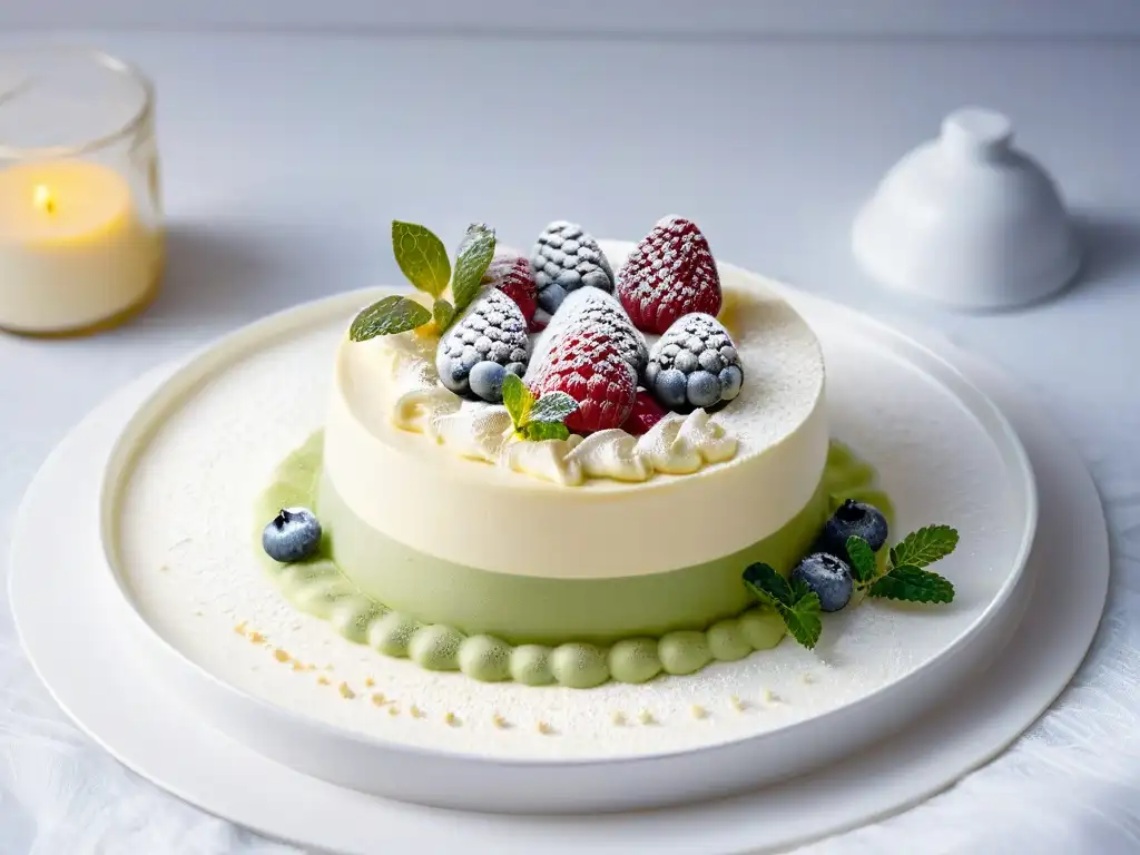 Un postre bavarois saludable y elegante con frambuesas y menta, en un plato blanco minimalista