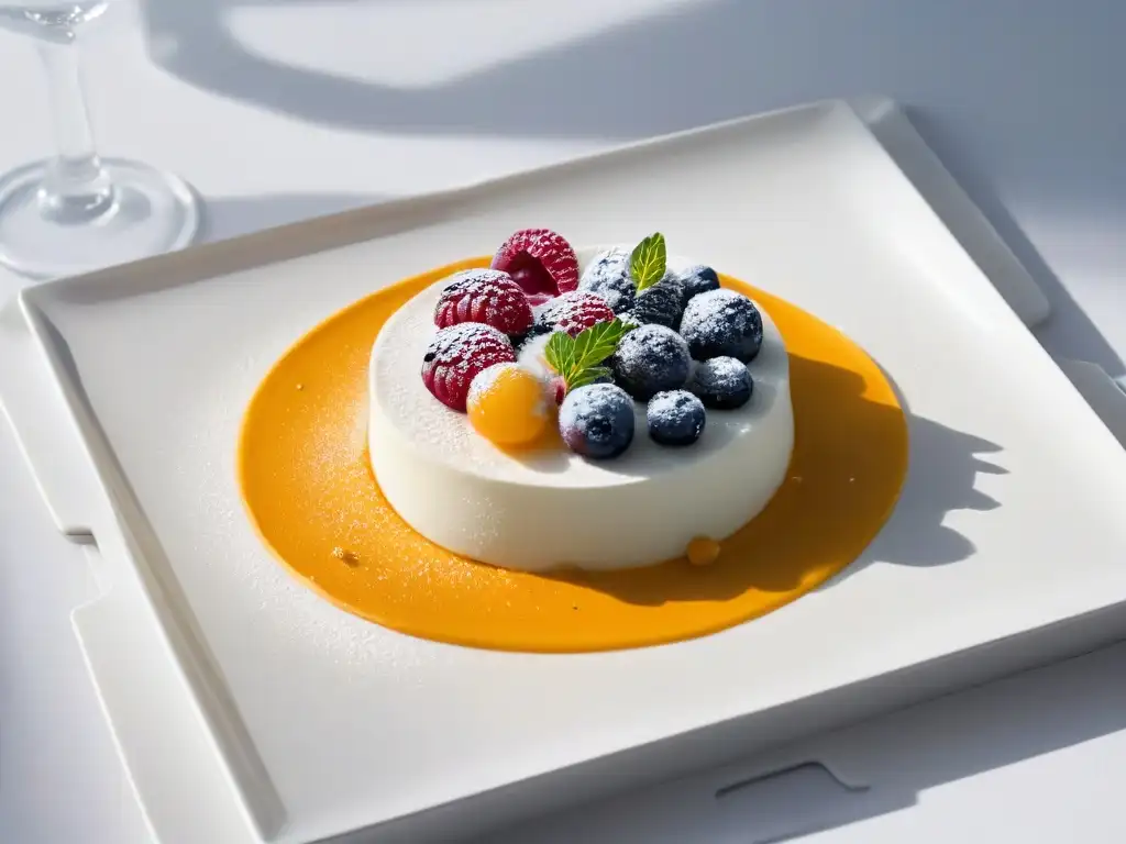 Un postre de cambio de color en la repostería molecular, con tonos vibrantes en un elegante plato moderno