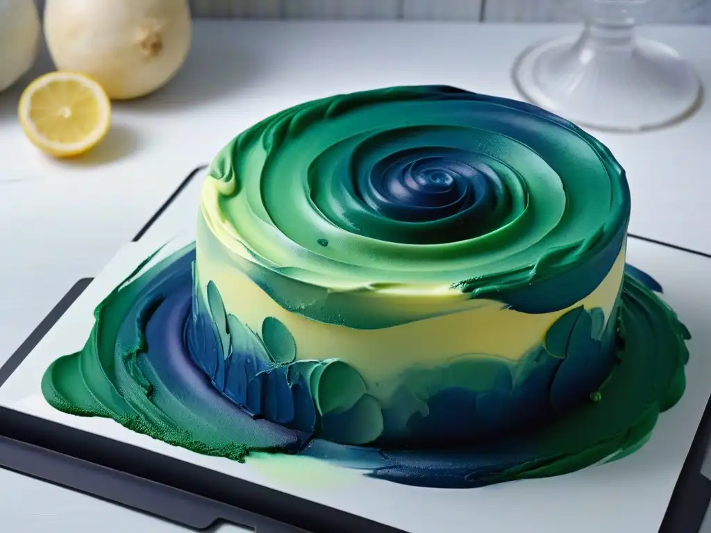 Un postre de cambio de color en repostería molecular: un abanico de colores vibrantes se funden en una obra de arte acuarela