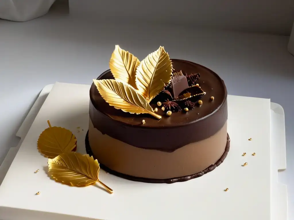 Postre de chocolate esculpido con hojas de oro, en fondo blanco