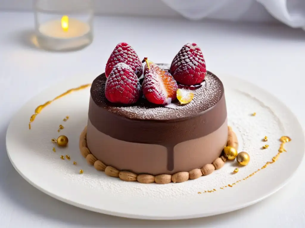 Postre de mousse de chocolate con frambuesa y láminas de oro en tendencias repostería postres minimalistas